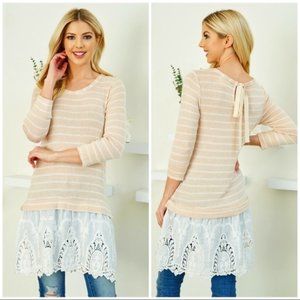 NWT A'REVE STRIPED TUNIC WITH EYELET LACE BOTTOM (S & M)